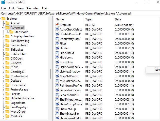registry editor window to create taskbarsi file